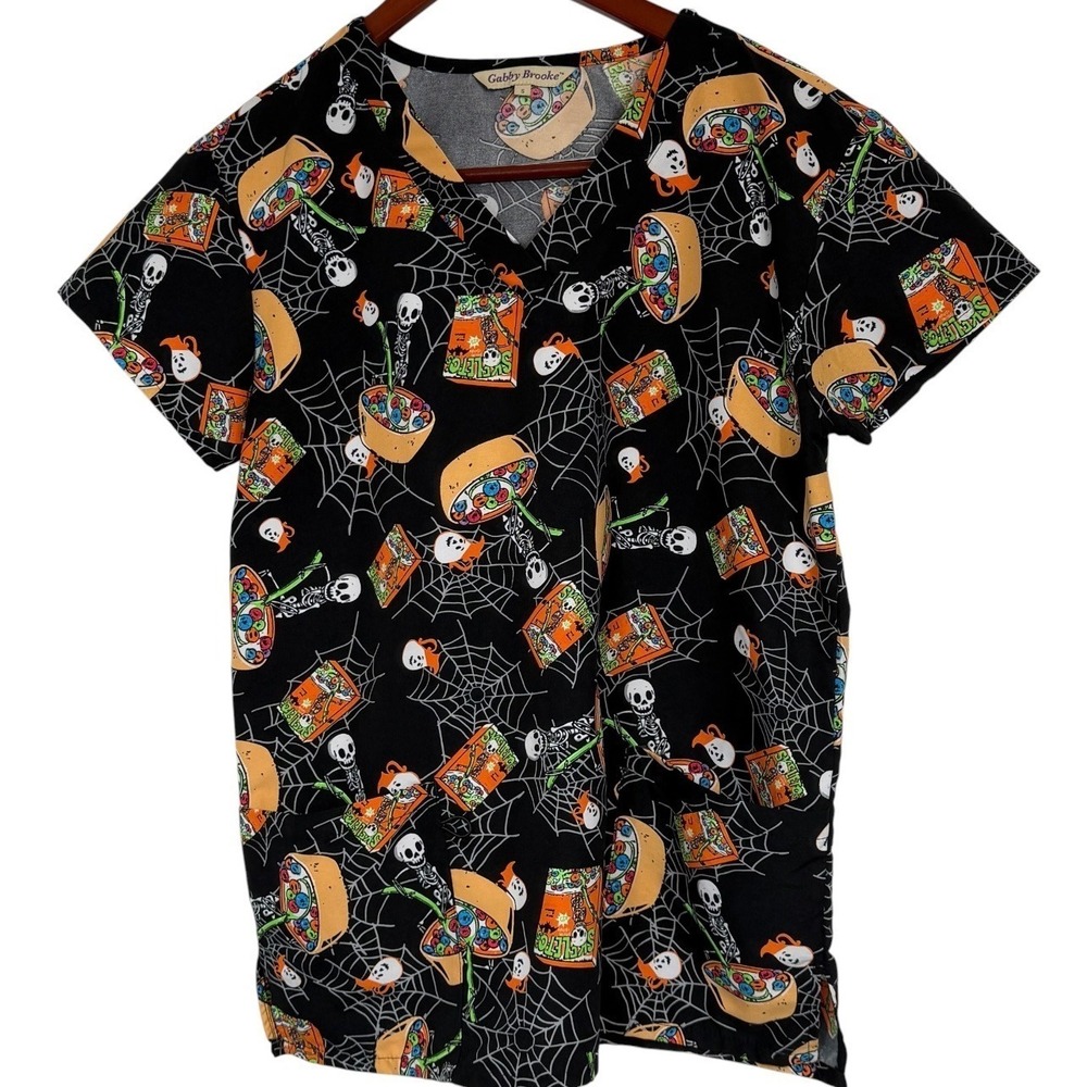 Gabby Brooke Halloween Scrub Top Small Skeletons Cereal Spiderwebs